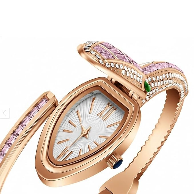 Blush Serpentyne watch dial close-up with pink baguette crystals