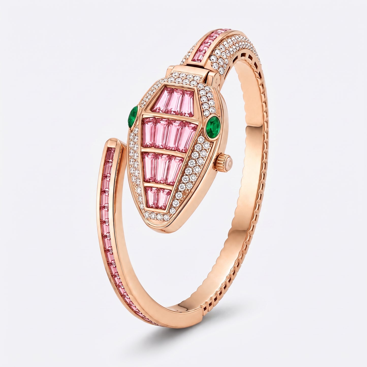 A rose gold snake-shaped bangle ring featuring pink and green stones, set with small clear crystals, on a light gray background.
