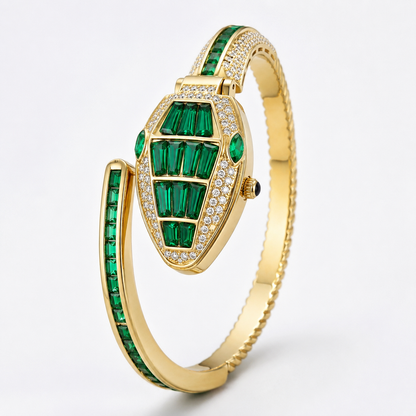 A gold hinged bangle bracelet featuring a central shield-shaped bezel set with green emerald-cut stones and small clear pavé stones, with additional green stones lining the band, shown on a light gray background.