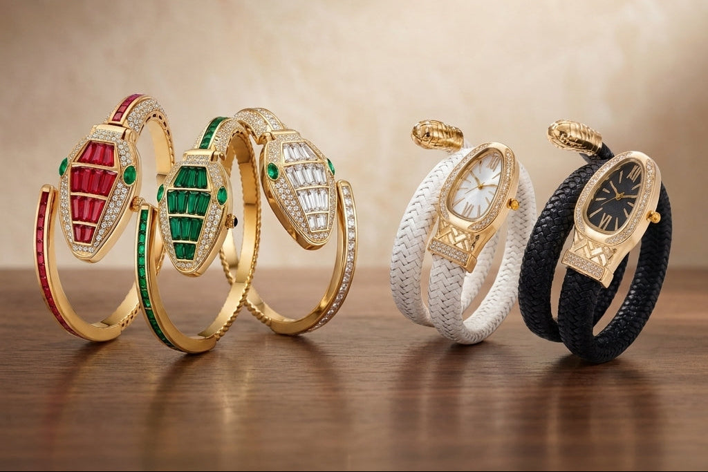 Four luxury jewelry pieces displayed on a wooden surface against a warm beige background: two gold bangle bracelets with red and green stone inlays, and two gold wrap-style watches with white and black textured straps.